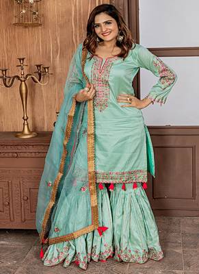 Aqua-blue embroidered satin salwar 1