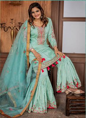 Aqua-blue embroidered satin salwar 2