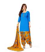 blue printed synthetic unstitched salwar with dupatta