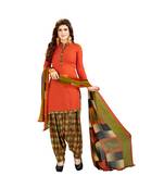 red printed synthetic unstitched salwar with dupatta