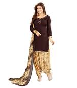 brown printed synthetic unstitched salwar with dupatta