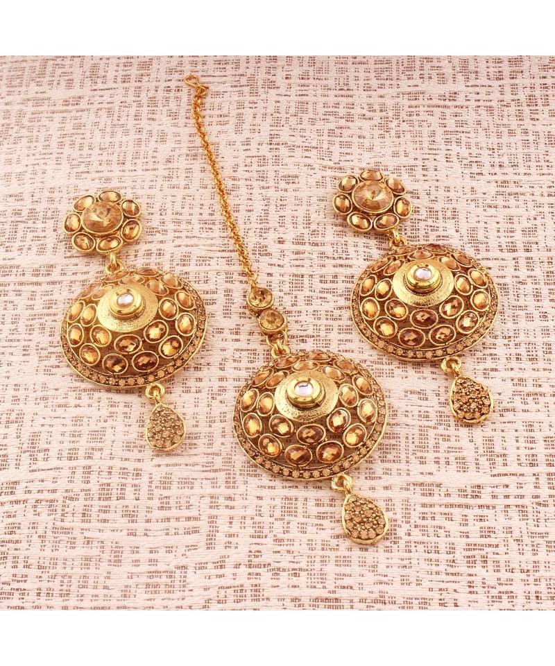 Gold Plated  Earring Set With Maang Tikka  For Women