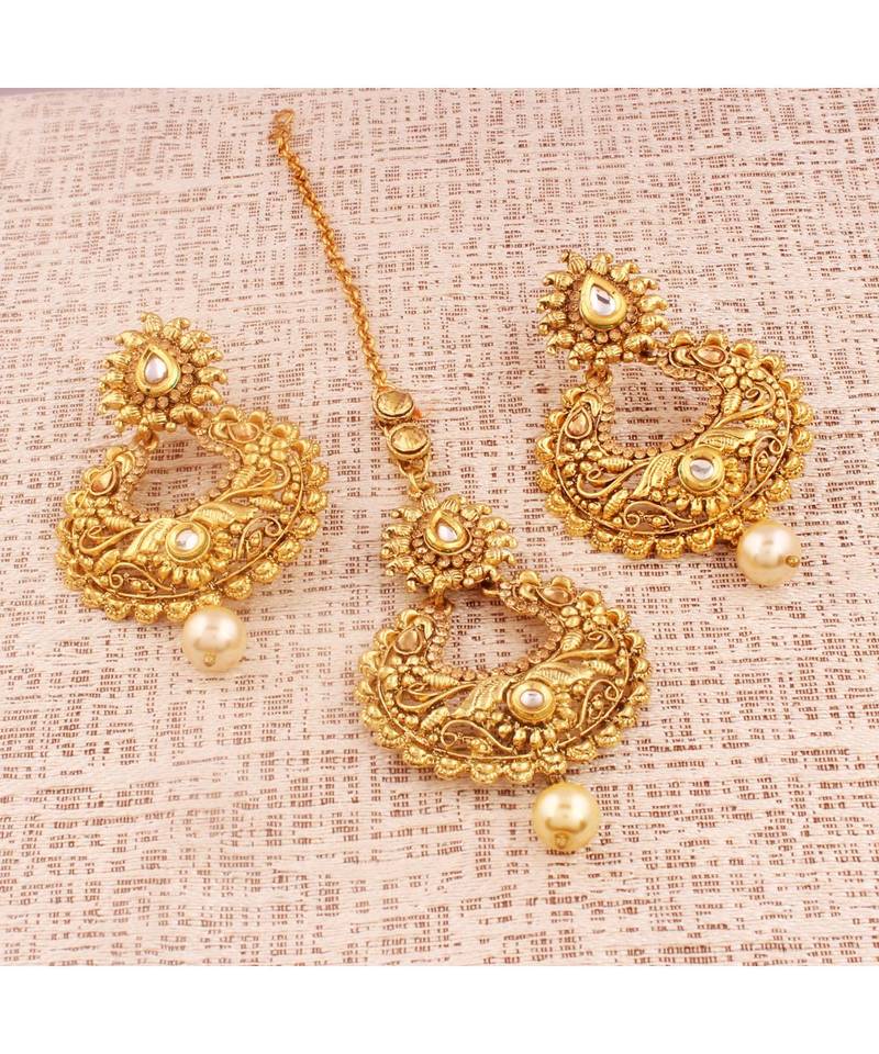 Gold Plated  Earring Set With Maang Tikka  For Women