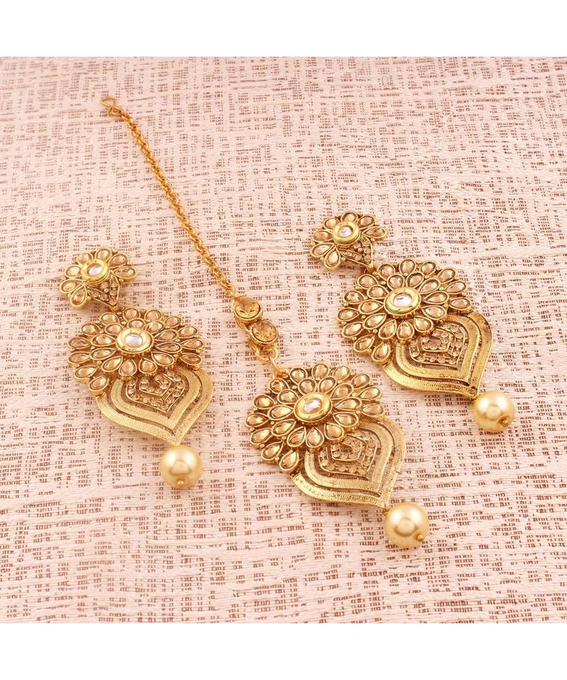 Gold Plated  Earring Set With Maang Tikka  For Women
