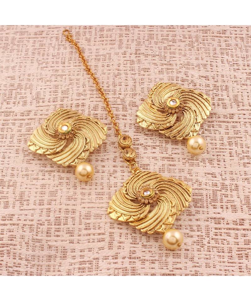 Gold Plated  Earring Set With Maang Tikka  For Women