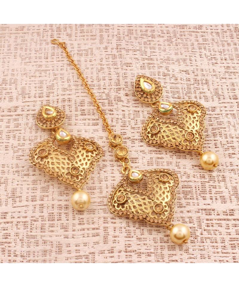 Gold Plated  Earring Set With Maang Tikka  For Women
