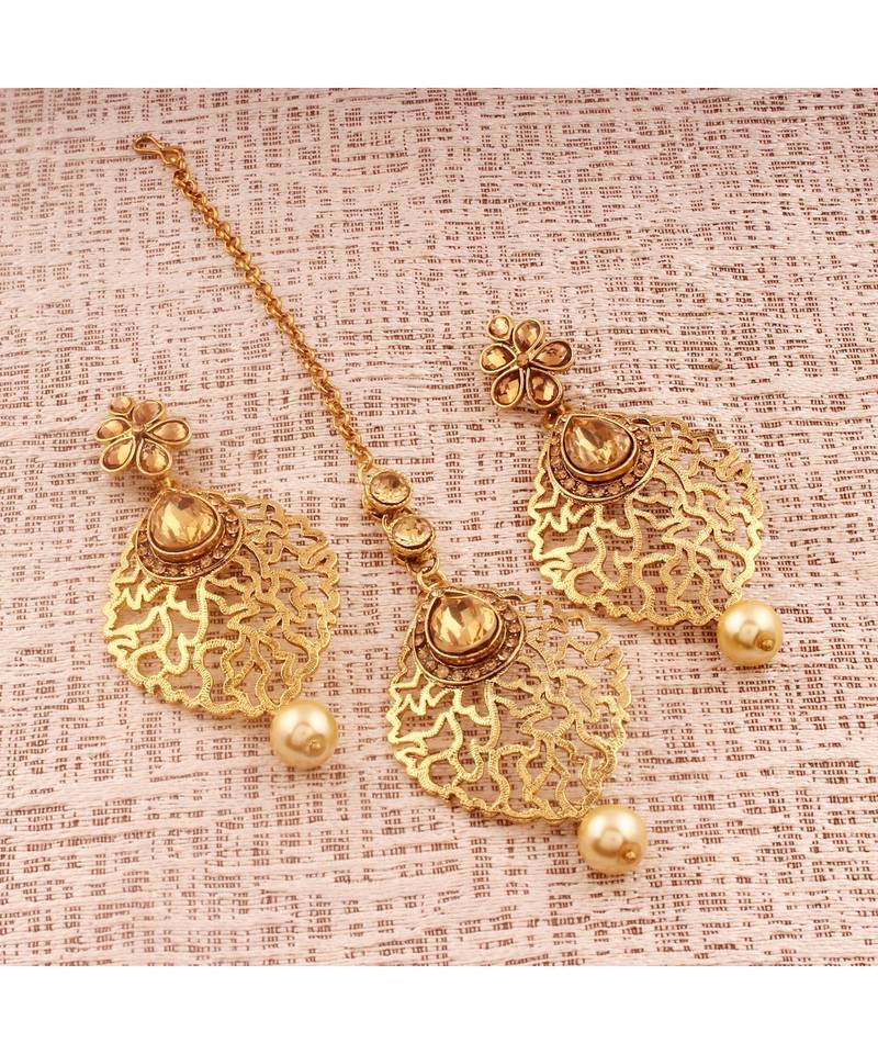 Gold Plated  Earring Set With Maang Tikka  For Women