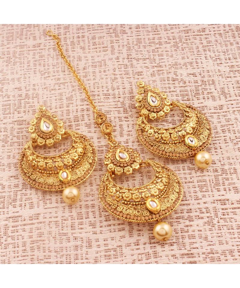 Gold Plated  Earring Set With Maang Tikka  For Women