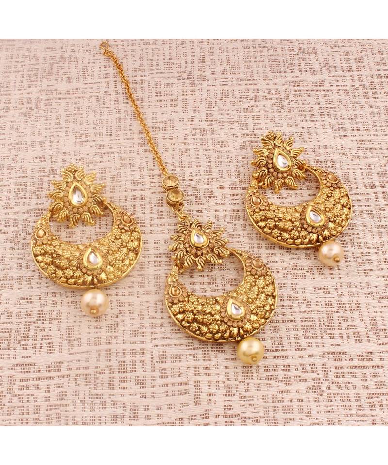 Gold Plated  Earring Set With Maang Tikka  For Women