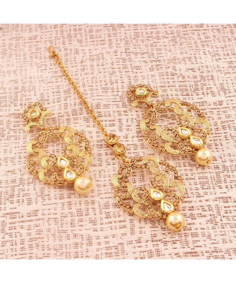 Gold Plated  Earring Set With Maang Tikka  For Women