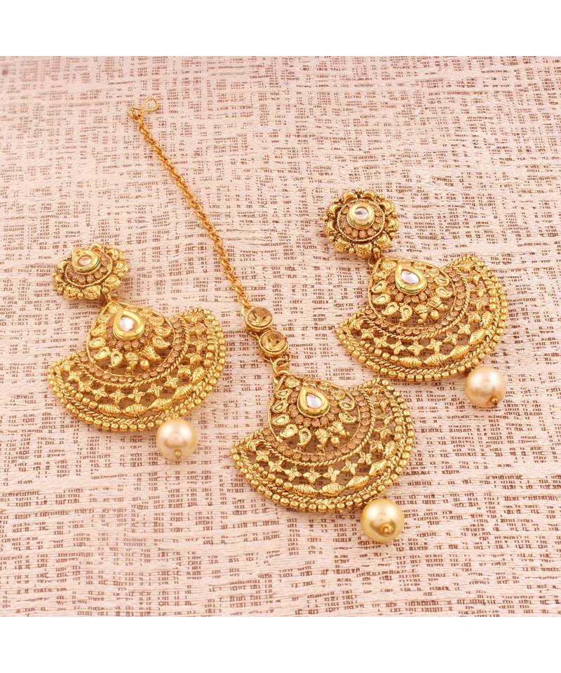 Gold Plated  Earring Set With Maang Tikka  For Women