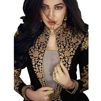 Black Faux Georgette Salwar Kameez Set with Golden Embroidery 2