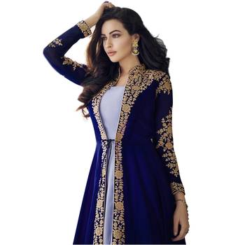 Blue Embroidered Georgette Salwar With Dupatta Semi Stitched 3