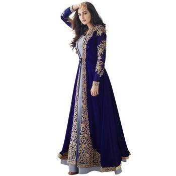 Blue Embroidered Georgette Salwar With Dupatta Semi Stitched 4