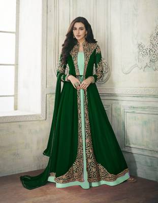 Green Embroidered Georgette Salwar With Dupatta Semi Stitched 1