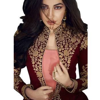 Maroon Embroidered Georgette Salwar With Dupatta Semi Stitched 2