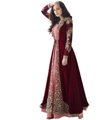 Maroon Embroidered Georgette Salwar With Dupatta Semi Stitched 3