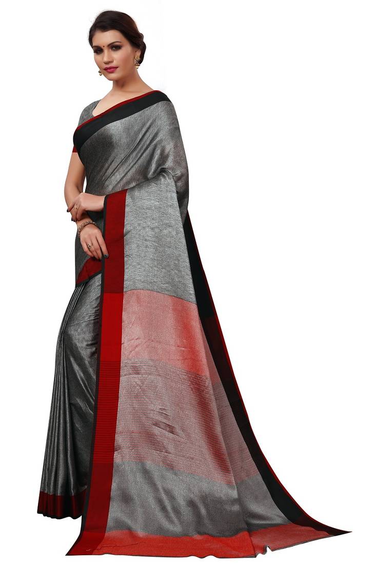 Grey Woven Linen Saree With Blouse