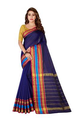 blue woven cotton saree with blouse 1