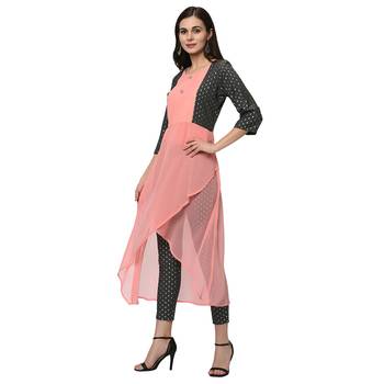 Women's Pink Foil Print Flared Georgette Kurta 4