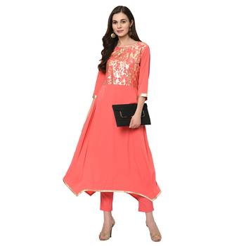 Women's Pink Foil Print Flared Crepe Kurta 1