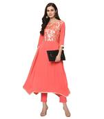 Women's Pink Foil Print Flared Crepe Kurta