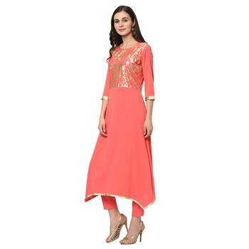 Women's Pink Foil Print Flared Crepe Kurta 5