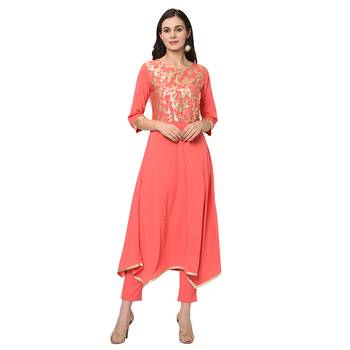 Women's Pink Foil Print Flared Crepe Kurta Pant Set 2