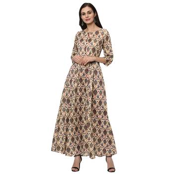 Women's Cream Digital Print Flared Polysilk Kurta 2