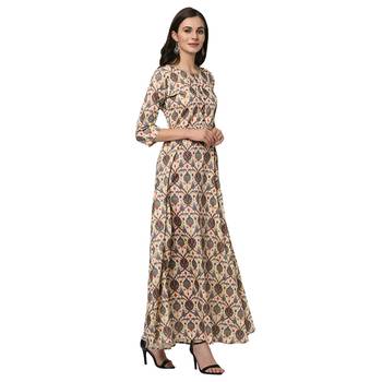 Women's Cream Digital Print Flared Polysilk Kurta 4