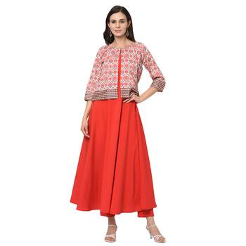 Women's Red Digital Print Flared Crepe Kurta Pant Set 2
