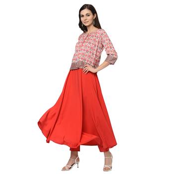 Women's Red Digital Print Flared Crepe Kurta Pant Set 4
