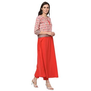 Women's Red Digital Print Flared Crepe Kurta Pant Set 5