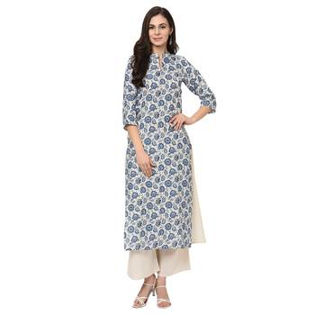 Women's Off White Digital Print Straight Flax Kurta Palazzo Set 1