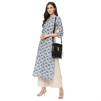 Women's Off White Digital Print Straight Flax Kurta Palazzo Set 3
