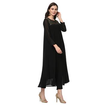 Women's Black Foil Print Flared Georgette Kurta 4