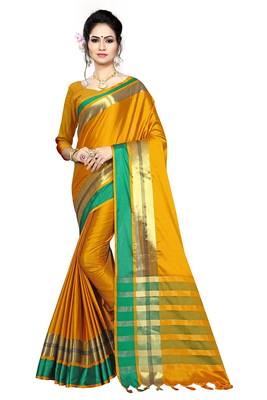 Yellow woven cotton saree with blouse 1