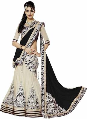 Cream embroidered net semi stitched lehenga 1