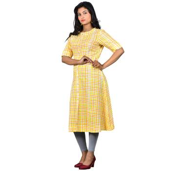 Yellow printed cotton kurtas-and-kurtis 3