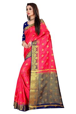 Peach woven pure silk saree with blouse 2