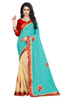 Sky Blue Embroidered Georgette Saree With Blouse 1