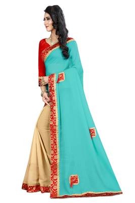 Sky Blue Embroidered Georgette Saree With Blouse 2