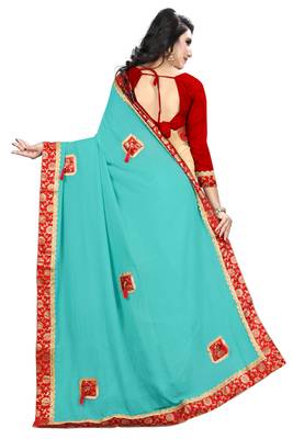 Sky Blue Embroidered Georgette Saree With Blouse 3