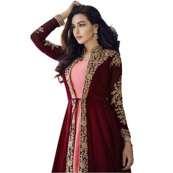 Maroon Embroidered Georgette Salwar With Dupatta Semi Stitched 4