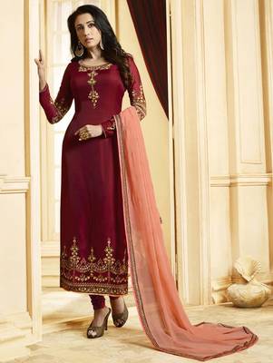 Maroon Silk Georgette Party Wear Straight Suit 1