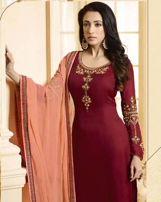 Maroon Silk Georgette Party Wear Straight Suit 2
