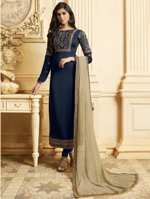 Navy Blue Silk Georgette Party Wear Straight Suit 1