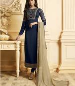 Navy Blue Silk Georgette Party Wear Straight Suit