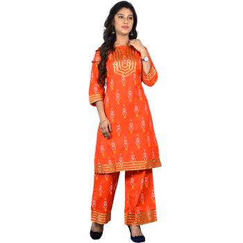 Women's Orange Printed Kurta-Palazzo set 1