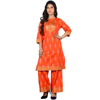 Women's Orange Printed Kurta-Palazzo set 3